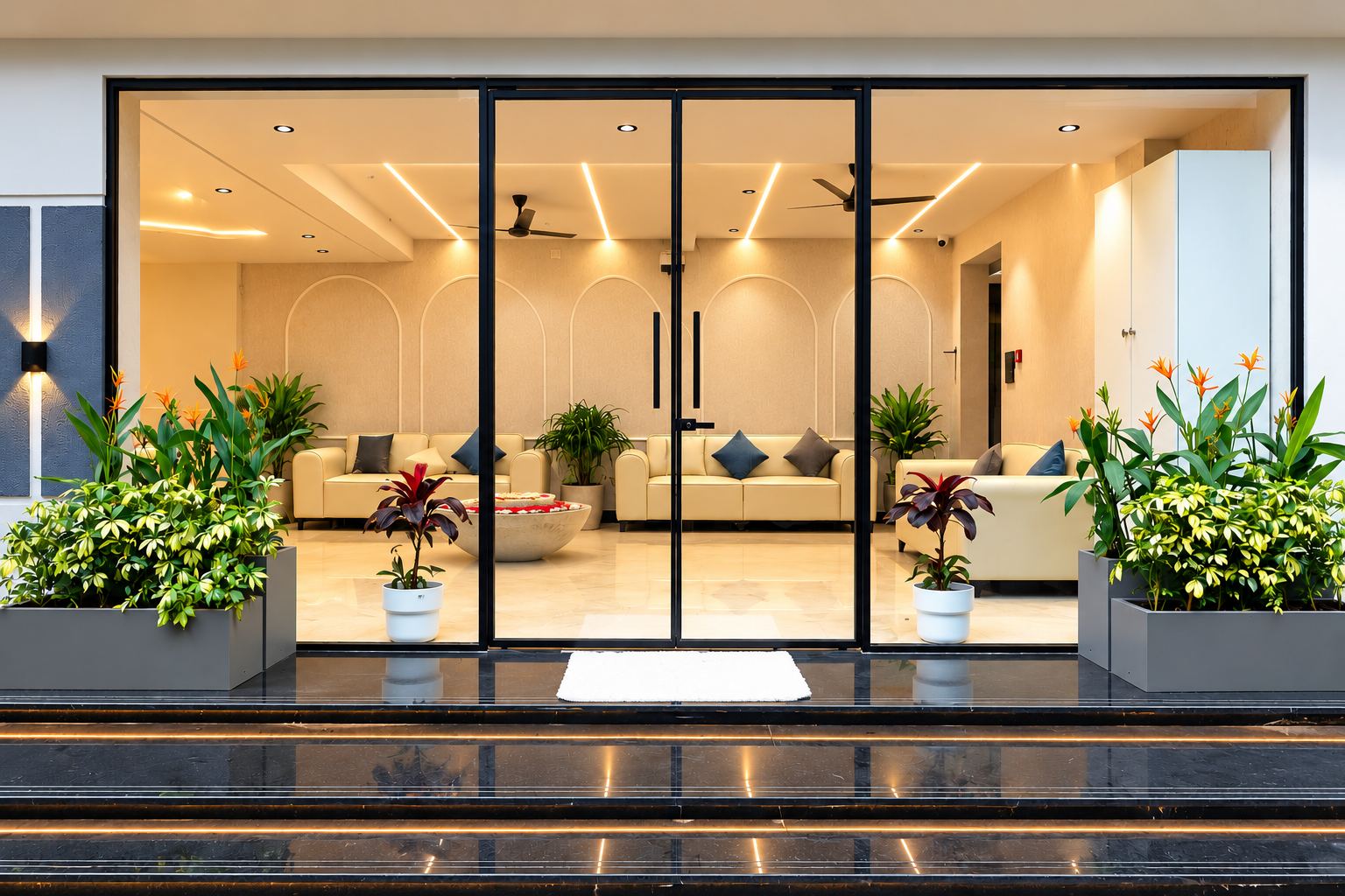 Hotel Rakesh Grand welcoming glass entrance, Rayadurg Gachibowli Hyderabad