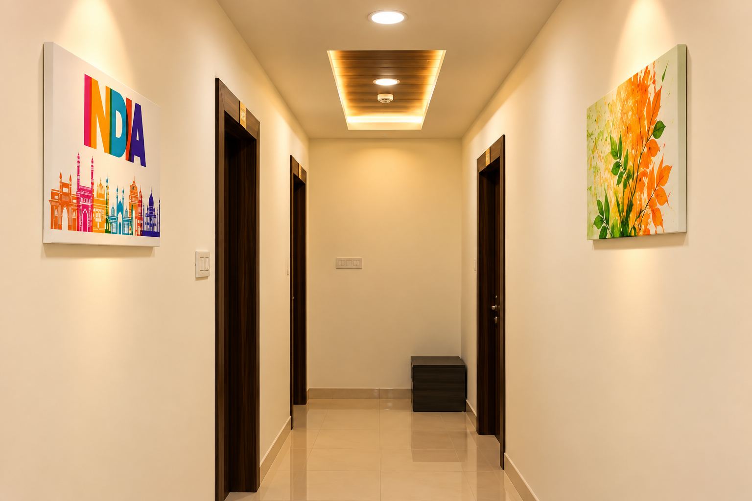 Art-lined guest corridor at Hotel Rakesh Grand, Gachibowli Hyderabad